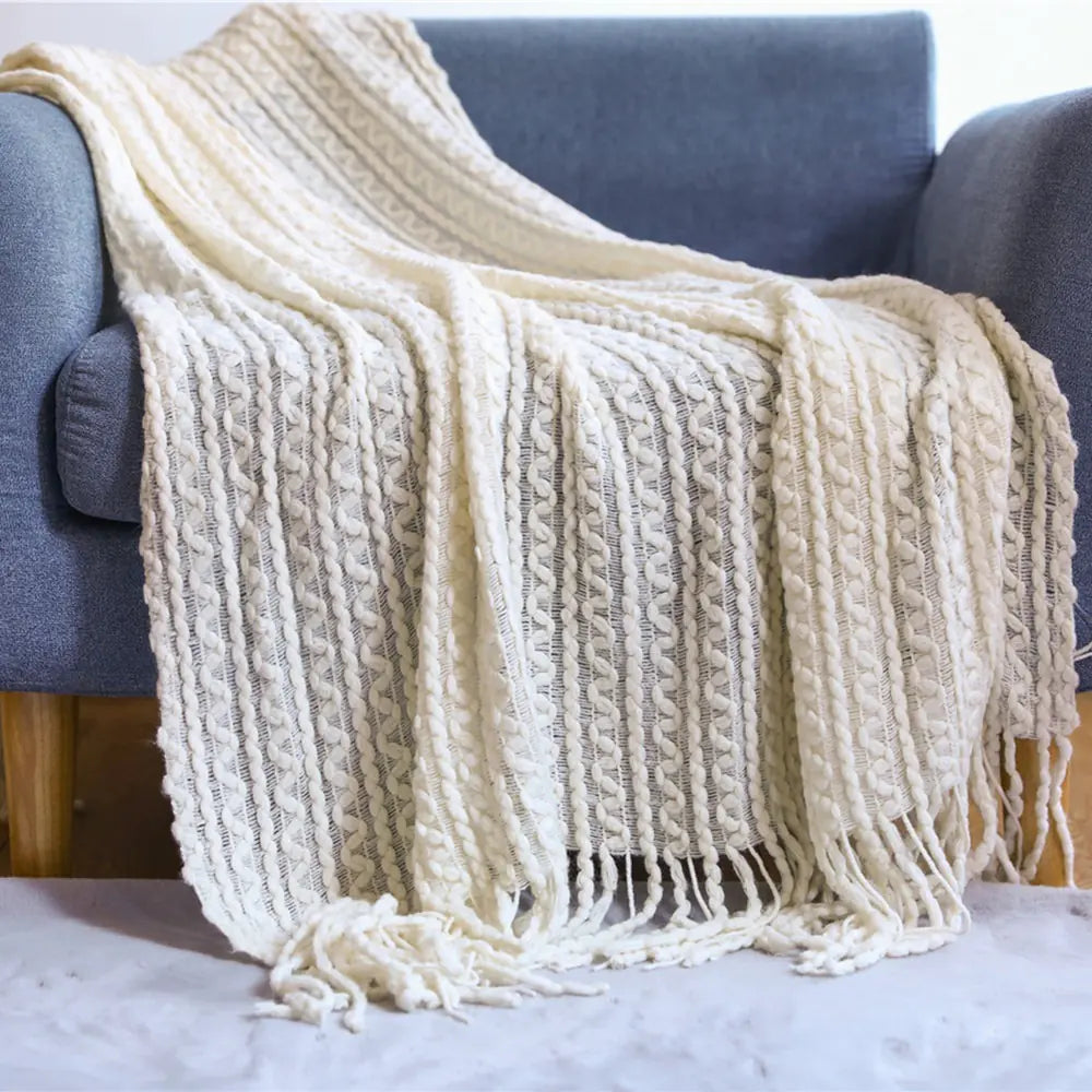 Tassel Knit Sofa Blanket with Wool Look