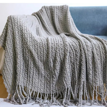 Tassel Knit Sofa Blanket with Wool Look
